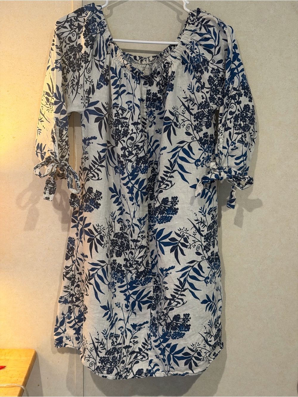 Women’s White Floral Peasant Top with Navy Print